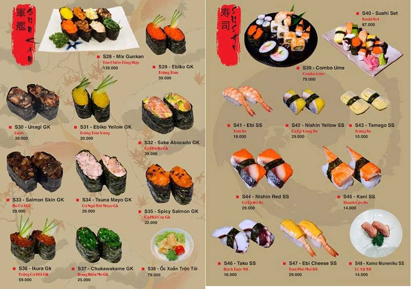 nhà hàng sushi ở Đồng Nai Thực đơn một số món sushi tại Sushi Iko