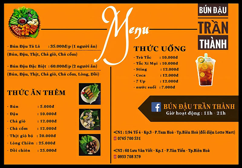 quán bún đậu ngon ở Biên Hòa Menu Bún Đậu Trần Thành 2 có gì ngon