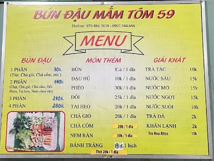 quán bún đậu ngon ở Biên Hòa Menu của Bún Đậu 59