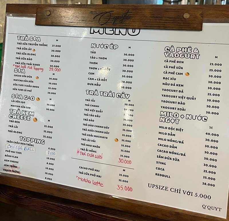 quán cafe view đẹp ở Đồng Nai Menu của Cafe Q'quyt có gì?