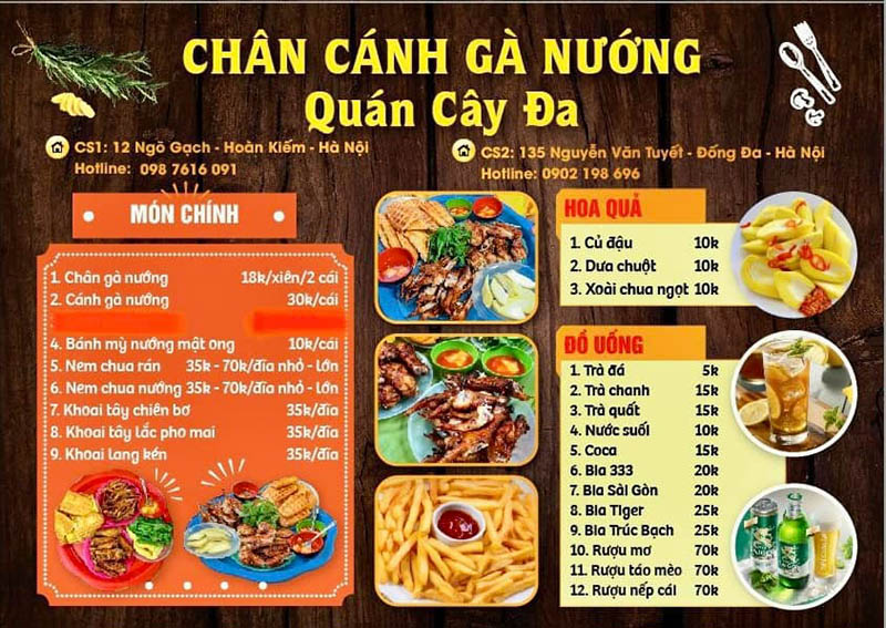 quán chân gà nướng Hà Nội Menu của Quán Cây Đa