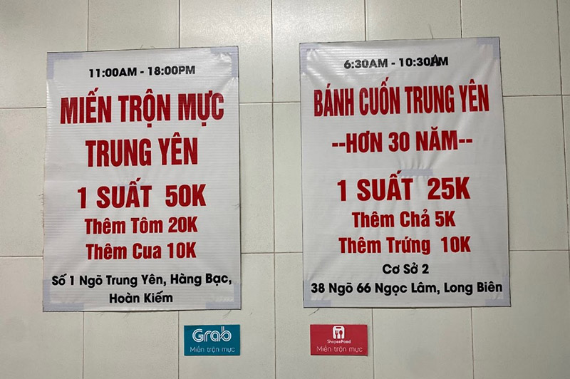 quán miến ngon Hà Nội Bảng giá tại Miến Trộn Mực - Ngõ Trung Yên