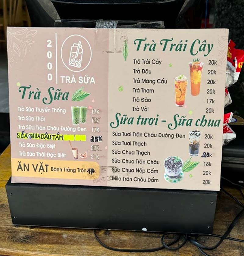 quán trà sữa tại Quy Nhơn Menu của Trà Sữa 2000