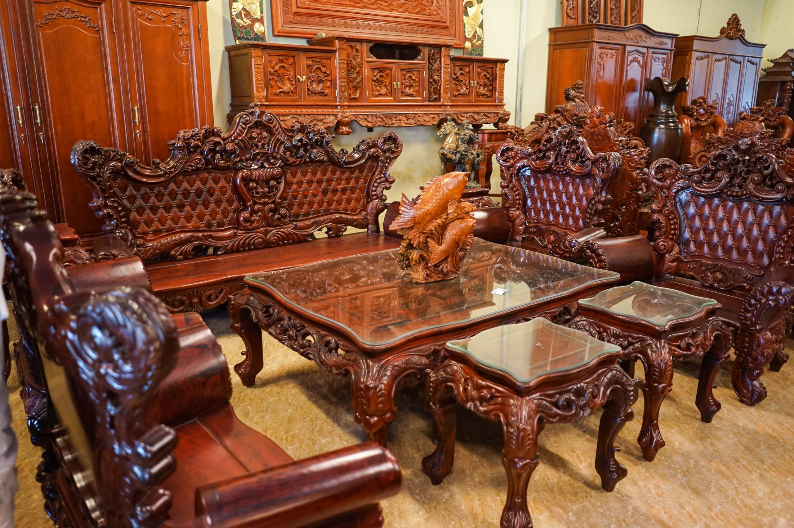 Bộ bàn ghế Minh Quốc triện 7 món gỗ hương đá tay cột 12 mua kèm bộ bàn ghế  ăn gỗ hương đá 8 ghế (Chú Dương, Nam Định) - Đồ Gỗ Phạm Gia