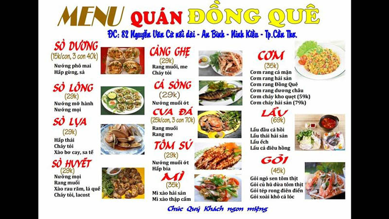 Bảng giá các món ăn tại Quán Ăn Gia Đình Đồng Quê