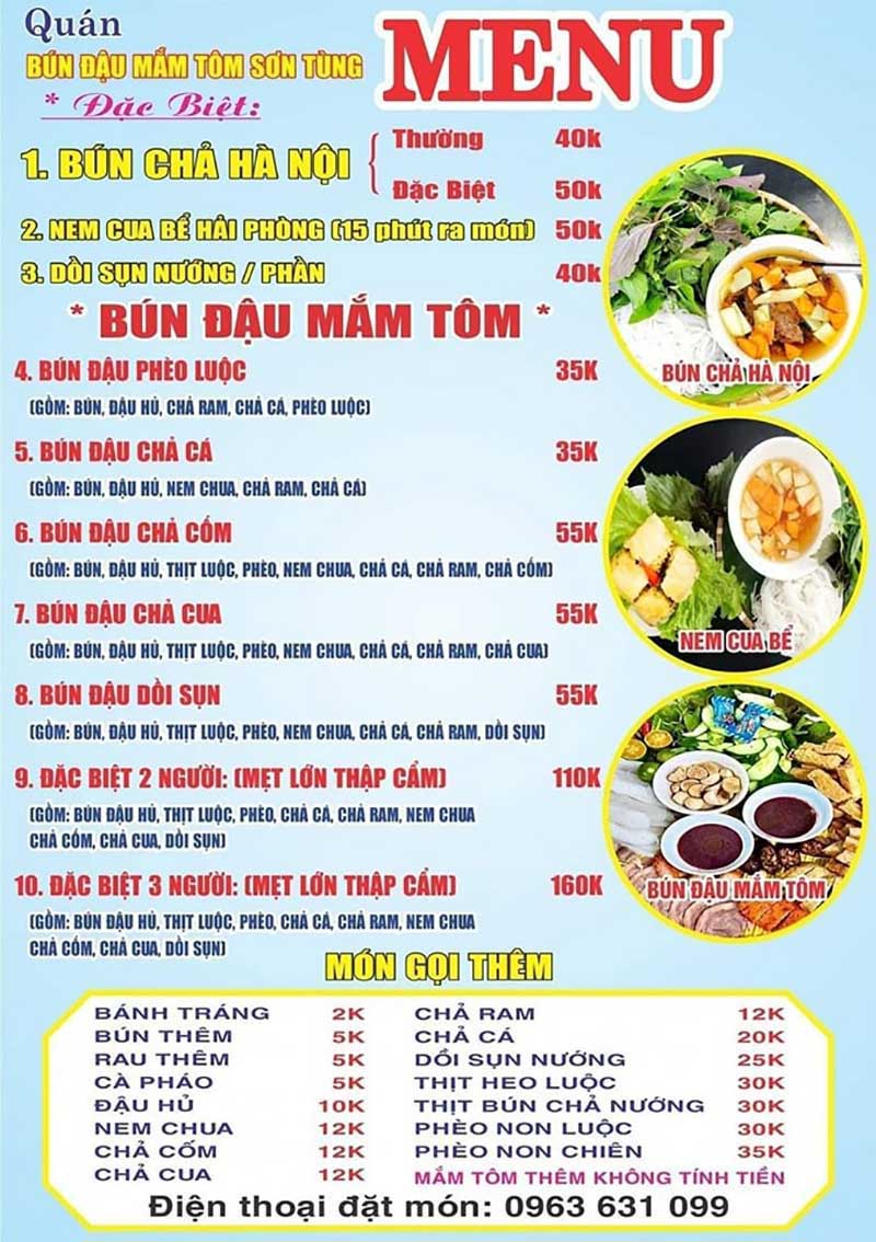 bún đậu mắm tôm Sóc Trăng Thực đơn đa dạng của Bún Đậu Mắm Tôm Sơn Tùng