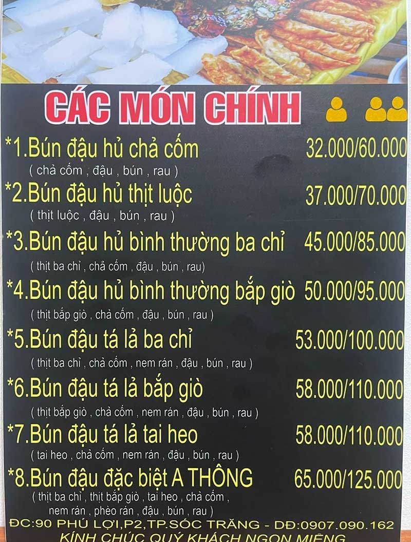 bún đậu mắm tôm Sóc Trăng Menu Bún Đậu Mắm Tôm A Thông có gì?