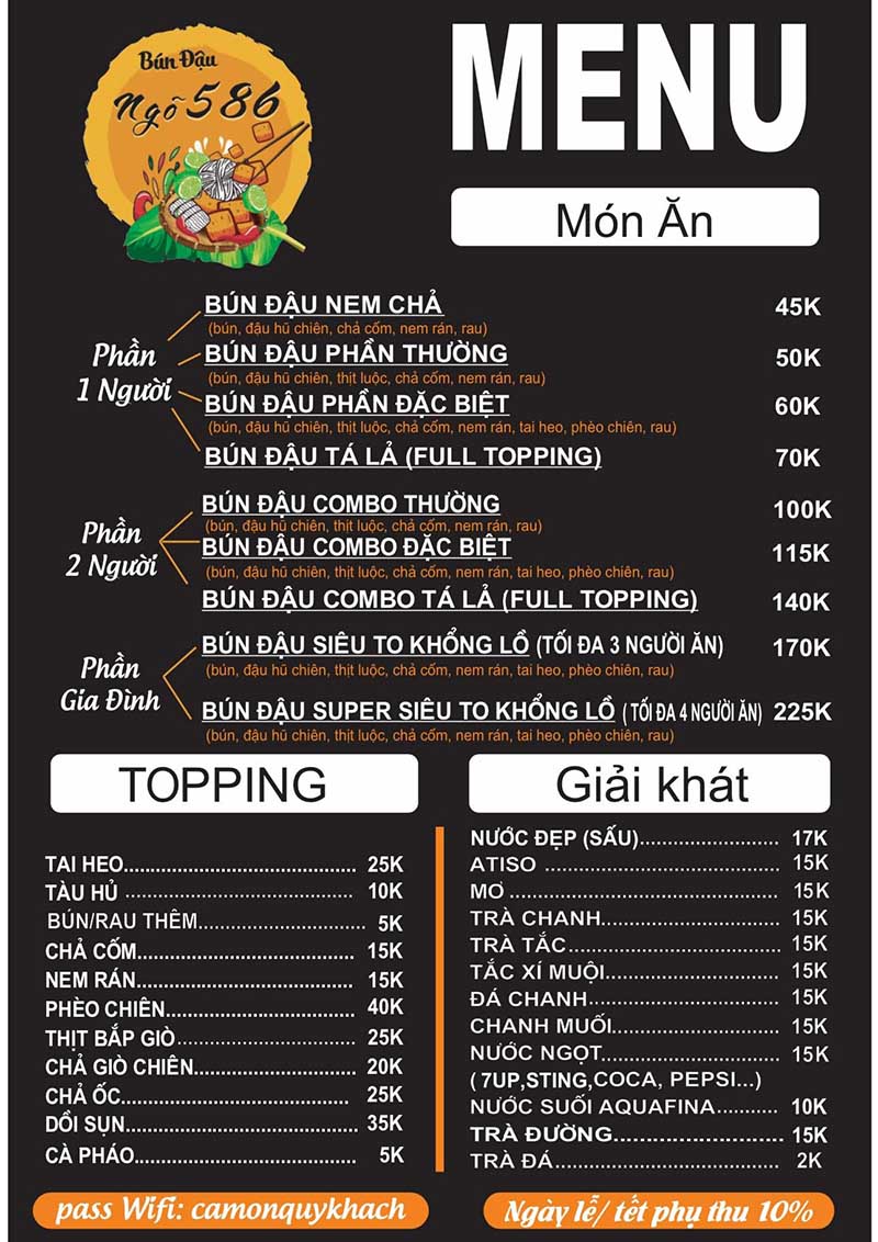 bún đậu mắm tôm Sóc Trăng Menu của Bún Đậu Ngõ 586 có gì?