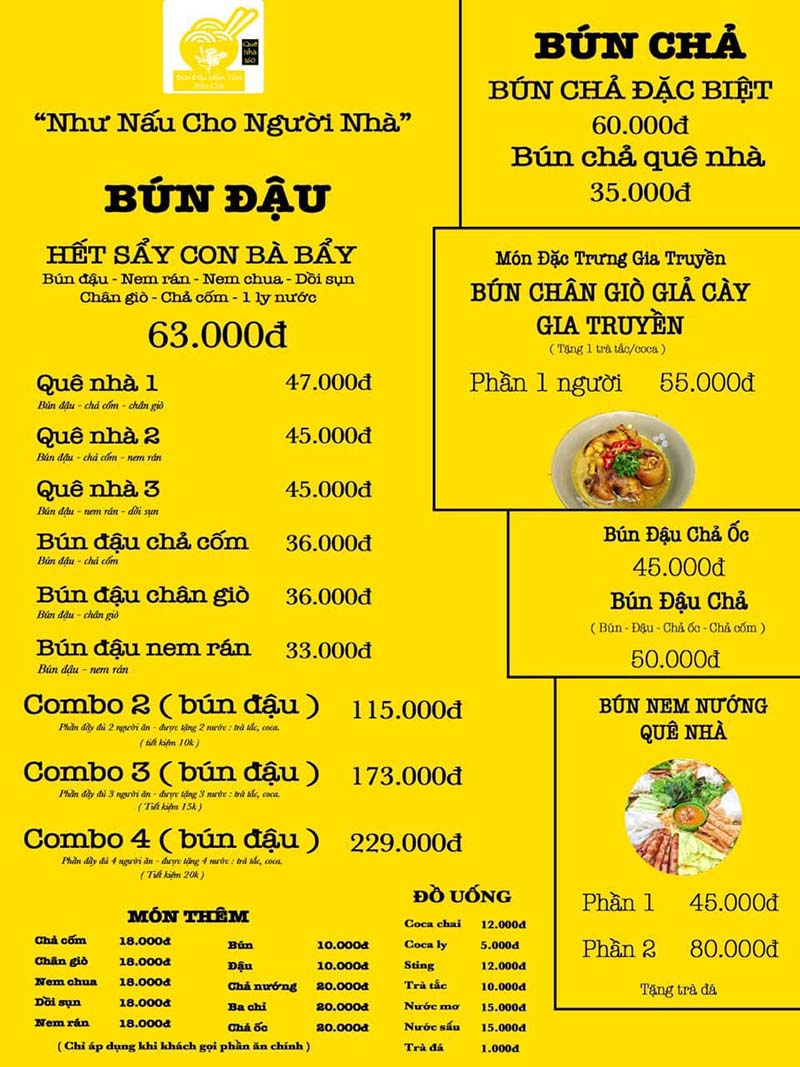 bún đậu mắm tôm Long An Menu của Bún Đậu Mắm Tôm Quê Nhà có gì?