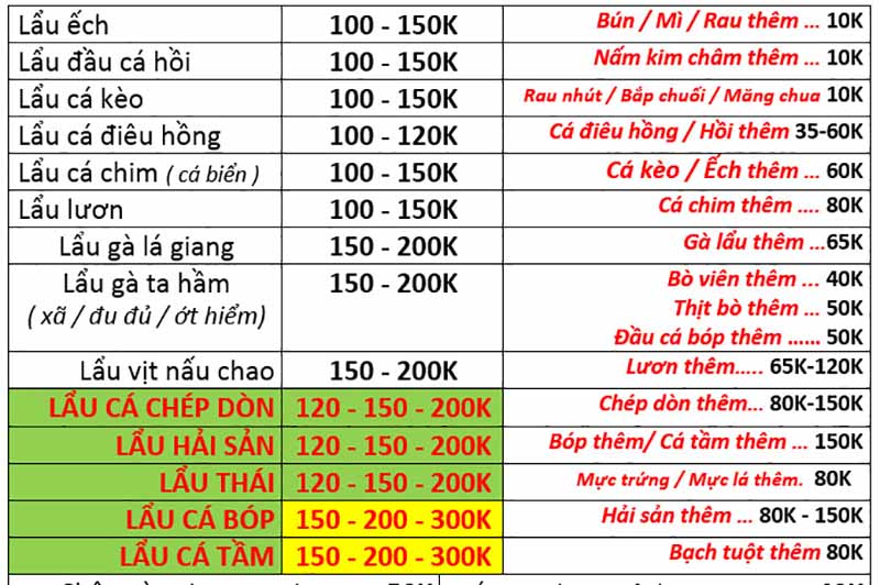 lẩu hải sản Mỹ Tho Bảng giá của Quán Lẩu 100K