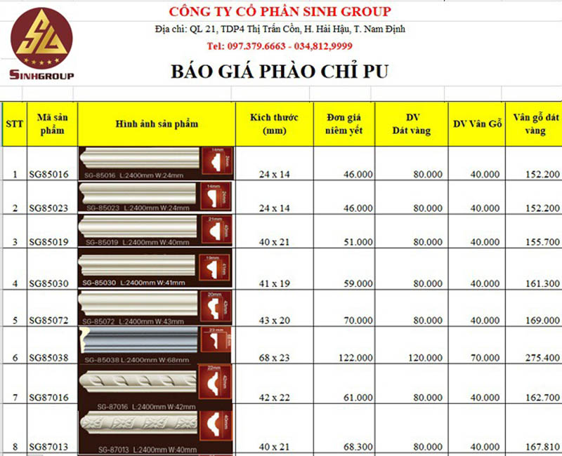 phào chỉ Bắc Giang Bảng giá phào chỉ tại Sinh Group