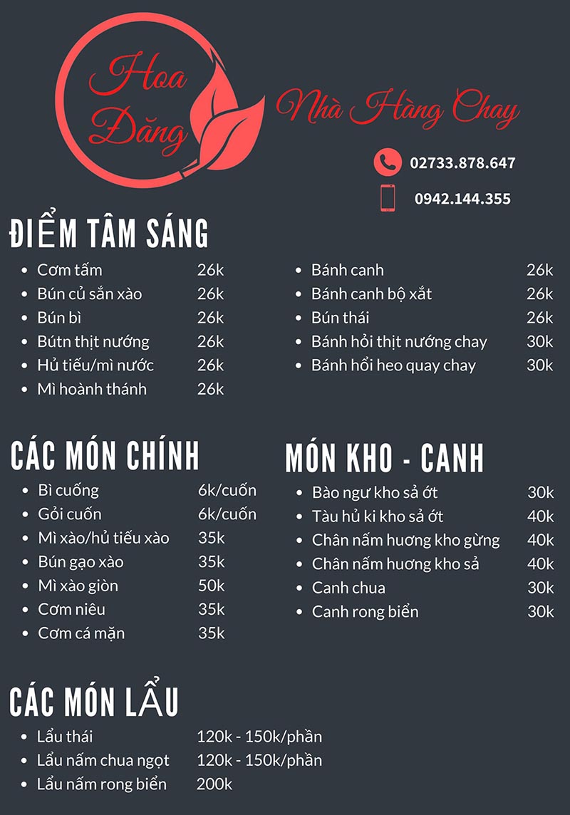 quán ăn chay ở Tiền Giang Menu của Hoa Đăng Quán