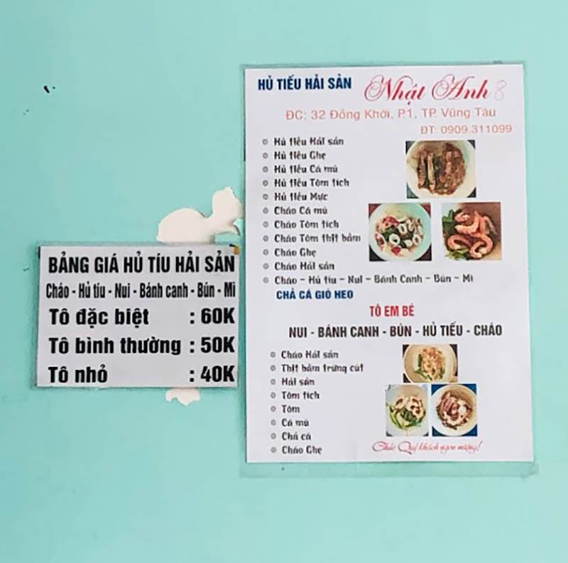 quán hủ tiếu ngon ở Vũng Tàu Thực đơn của Hủ Tiếu Hải Sản Nhật Anh có gì?