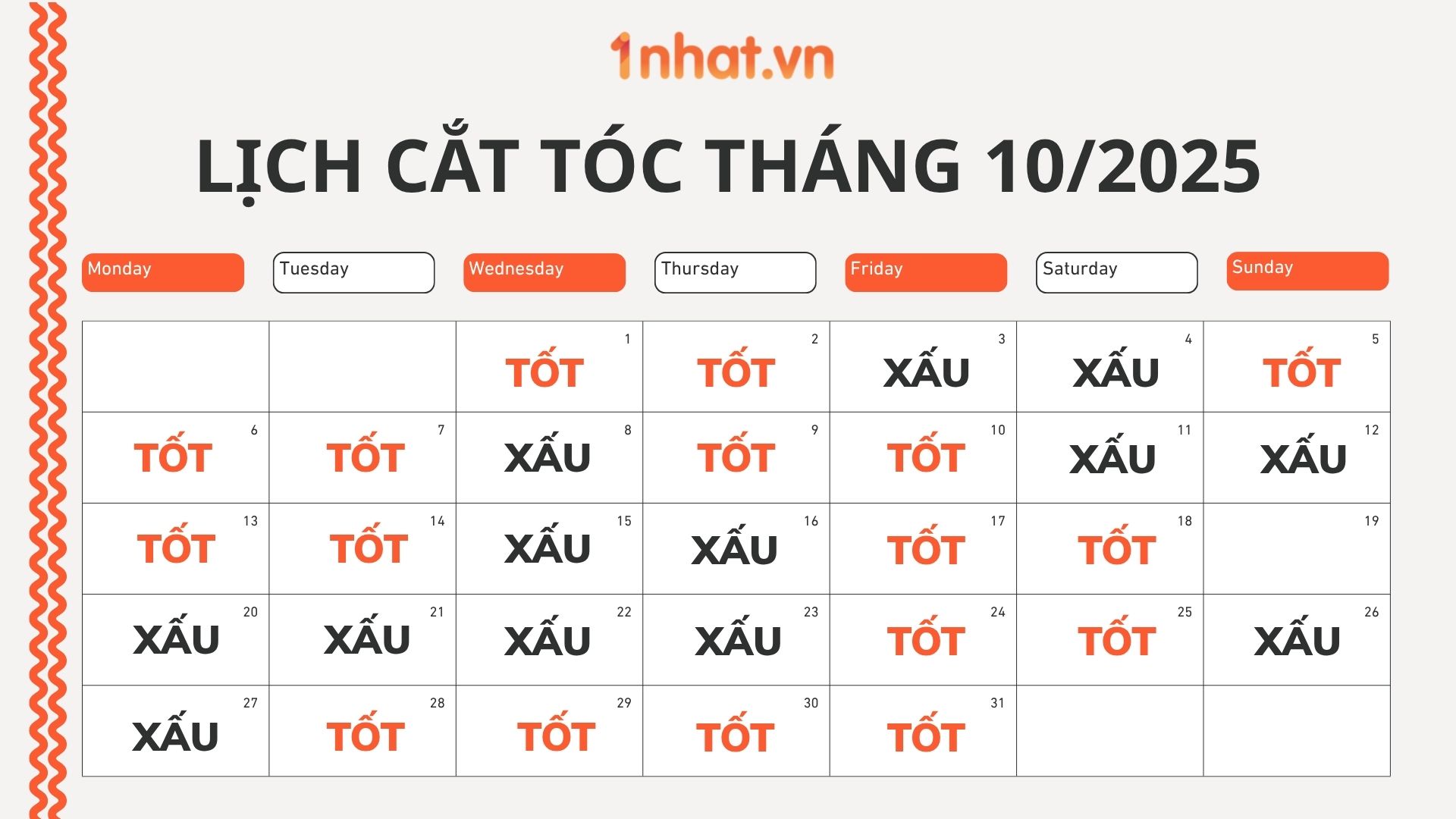 lịch cắt tóc tháng 10/2025