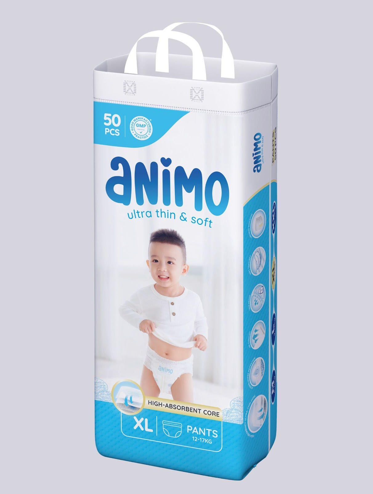 Tã Animo được thiết kế với viền chống tràn kép, kết hợp công nghệ SAP và Gel Lock giúp giữ chặt chất bẩn trong lõi bỉm hiệu quả